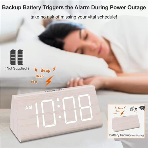 Wooden Digital Alarm Clocks for Bedrooms -Electric Desk Clock with Large Numbers - Picture 3 of 6